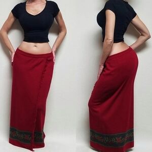 VINTAGE 90s Red Wool Blend Floral Fringe Trim Faux Wrap Maxi Skirt Medium